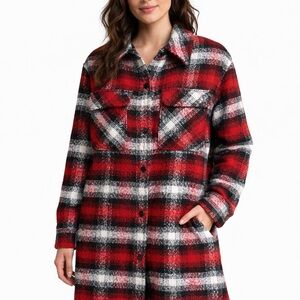 ZARA WOOL BLEND CHECK PLAID LONG OVERSHIRT JACKET COAT RED Women’s